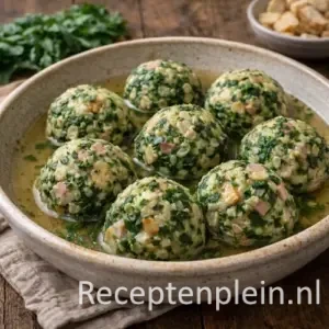 Oostenrijkse snijbietballetjes met oud brood en kruiden op authentiek oude tafel