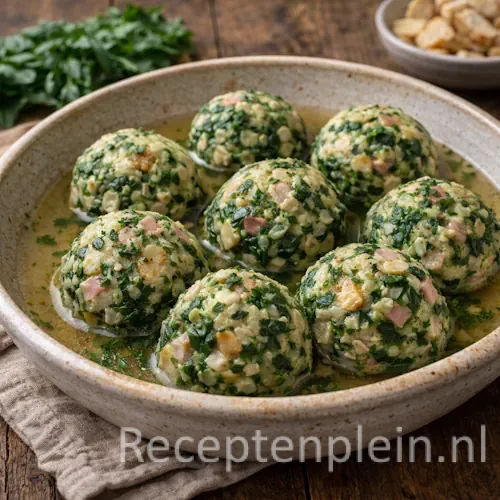 Oostenrijkse snijbietballetjes met oud brood en kruiden op authentiek oude tafel