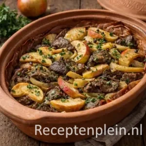 Romertopf varkenslever stoof met appel en ui op een rustieke houten tafel.