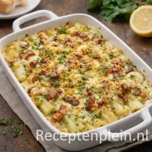 Romige snijbietgratin op een rustieke houten tafel.