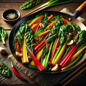 --- **Snijbietwok met oosterse smaakmakers** --- Wokgerecht van kleurrijke snijbiet met rode, gele en groene stelen, op smaak gebracht met knoflook, gember, sojasaus en sesamolie. Aangevuld met wortel en lente-ui, geserveerd in een zwarte wok op een houten tafel met eetstokjes en een schaaltje sojasaus erbij.