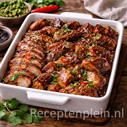 Gemarineerde moksie metie uit de oven met verschillende stukken mals geroosterd vlees in een kruidige marinade, geserveerd in een robuuste ovenschaal op een rustieke houten tafel met rode peper, verse kruiden, knoflook en een linnen doek bij warm natuurlijk licht.