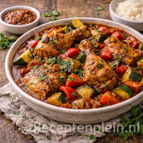 Javaanse kipstoof met paprika en courgette in een diepe keramische schaal met malse kip in kruidige saus, geserveerd op een rustieke houten tafel met verse kruiden, sambal, een schaaltje rijst en een linnen doek bij warm natuurlijk licht.