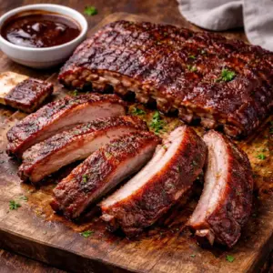 Langzaam gerookte spareribs van de grill op rustieke houten tafel