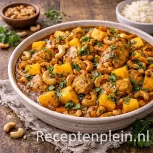 Masalakip met mango en cashewnoten in een brede keramische schaal met malse kip in kruidige saus, geserveerd op een rustieke houten tafel met verse koriander, schaaltjes cashewnoten, blokjes mango, rijst en een linnen doek bij warm natuurlijk licht.