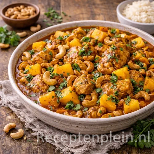 Masalakip met mango en cashewnoten in een brede keramische schaal met malse kip in kruidige saus, geserveerd op een rustieke houten tafel met verse koriander, schaaltjes cashewnoten, blokjes mango, rijst en een linnen doek bij warm natuurlijk licht.