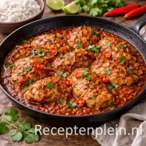 Pittige Surinaamse kip met tomatenjus in een zwarte gietijzeren pan met malse kip in kruidige saus, geserveerd op een rustieke houten tafel met rode pepers, limoenpartjes, verse koriander, een kom rijst en een linnen doek bij warm natuurlijk licht.