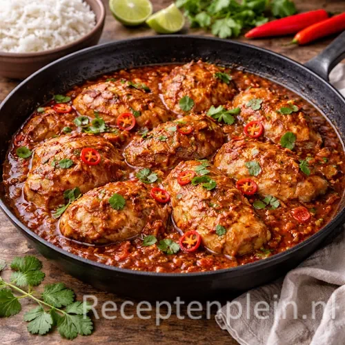 Pittige Surinaamse kip met tomatenjus in een zwarte gietijzeren pan met malse kip in kruidige saus, geserveerd op een rustieke houten tafel met rode pepers, limoenpartjes, verse koriander, een kom rijst en een linnen doek bij warm natuurlijk licht.