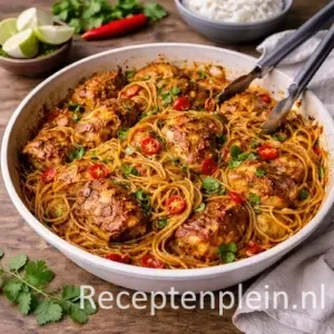 Pittige Surinaamse spaghetti met kip in een ruime witte serveerschaal met kruidige saus, rode pepers en verse kruiden, geserveerd op een rustieke houten tafel met limoenpartjes, koriander en een linnen doek bij warm natuurlijk licht.
