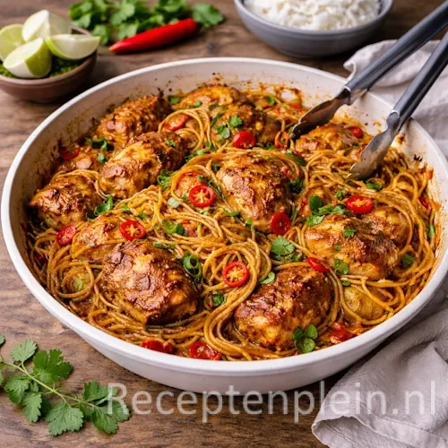 Pittige Surinaamse spaghetti met kip in een ruime witte serveerschaal met kruidige saus, rode pepers en verse kruiden, geserveerd op een rustieke houten tafel met limoenpartjes, koriander en een linnen doek bij warm natuurlijk licht.