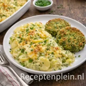 Romige prei aardappelschotel op een rustieke houten tafel.