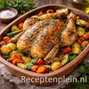 Sappige Romertopf-kip met geroosterde groenten in een aardewerken ovenschaal, geserveerd op een rustieke houten tafel met wortelen, aardappelen, tijm, knoflook en een linnen doek bij warm natuurlijk licht.