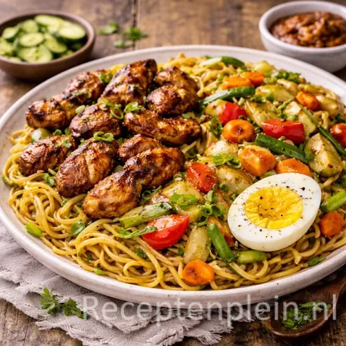Surinaamse bami met kip en groentemix op een groot keramisch bord met roergebakken noedels, malse kip en kleurrijke groenten, geserveerd op een rustieke houten tafel met komkommer, verse kruiden en een linnen doek bij warm natuurlijk licht.