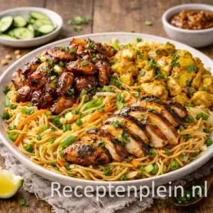 Surinaamse tjauw min met drie gemarineerde kipsoorten op een groot bord met roergebakken noedels en groenten, geserveerd op een rustieke houten tafel met limoenpartjes, komkommer, verse kruiden en schaaltjes sambal bij warm natuurlijk licht.