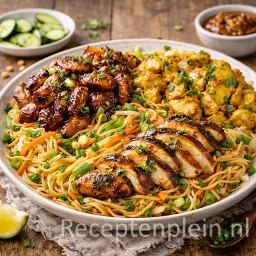 Surinaamse tjauw min met drie gemarineerde kipsoorten op een groot bord met roergebakken noedels en groenten, geserveerd op een rustieke houten tafel met limoenpartjes, komkommer, verse kruiden en schaaltjes sambal bij warm natuurlijk licht.