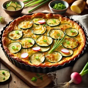 **Aardappel-Courgettetaart uit de Oven met Kaas** Goudbruin gebakken taart met laagjes aardappel en courgette, overgoten met room en bestrooid met gesmolten kaas. Afgewerkt met gehakte bosui en plakjes radijs, geserveerd in een ronde ovenschaal op een houten tafel in een gezellige keukensfeer.