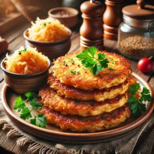 Goudbruine aardappelpannenkoeken, knapperig van buiten en zacht van binnen, geserveerd met een portie zuurkool en gegarneerd met verse peterselie en karwijzaad. Geserveerd op een keramisch bord in een warme, gezellige wintersfeer.