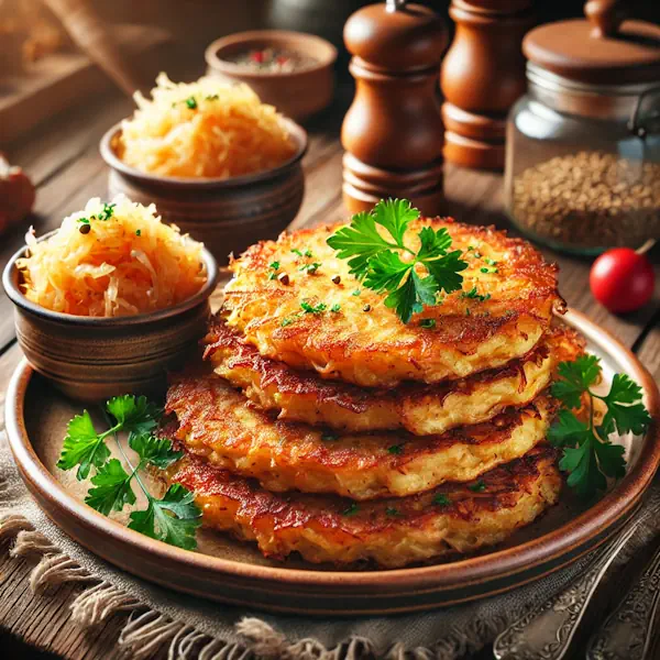 Goudbruine aardappelpannenkoeken, knapperig van buiten en zacht van binnen, geserveerd met een portie zuurkool en gegarneerd met verse peterselie en karwijzaad. Geserveerd op een keramisch bord in een warme, gezellige wintersfeer.