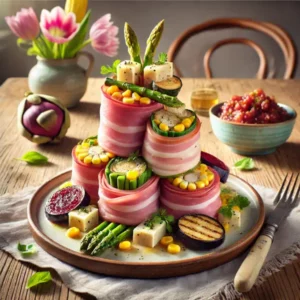 Gourmet gerecht van Breydelham-pakketjes gevuld met lente­groenten zoals asperges, maïs, aubergine en kaas, gepresenteerd op een rustieke houten tafel. Gegarneerd met julienne van rode biet en chutney van gegrilde aubergines, artisjok en appel. Vrolijke lentekleuren op de achtergrond creëren een warme, landelijke sfeer.