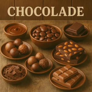 Een lichtere presentatie van diverse chocoladesoorten op een verweerde houten tafel, met bovenaan het woord "CHOCOLADE" in grote crèmekleurige hoofdletters. De afbeelding toont onder andere melk- en pure chocoladerepen, chocolade met noten, truffels, gesmolten chocolade en chocoladebuttons, allemaal geserveerd in rustieke aardewerken schaaltjes. De zachte, warme belichting zorgt voor een heldere en uitnodigende sfeer.