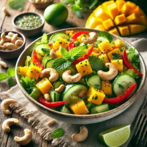 Haarscherpe opname van een frisse salade met rijpe mangoblokjes, komkommer, rode paprika en verse munt en koriander. Afgewerkt met cashewnoten en een lichte limoendressing, geserveerd in een keramische schaal op een rustieke houten tafel met helder natuurlijk licht.