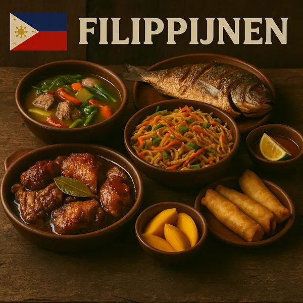 Filipijnse keuken met adobo, rijstgerechten, zeevruchten en traditionele gerechten uit de Filipijnen op een rustieke houten tafel