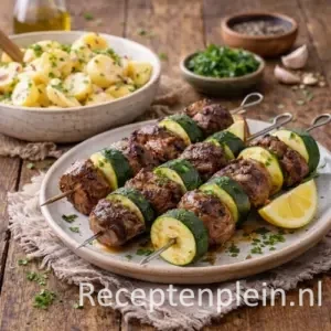 Gegrilde lams- en courgettekebabs op een keramisch bord met een kom aardappelsalade, geserveerd op een rustieke houten tafel met citroenpartjes, verse kruiden, knoflook en een fles olijfolie bij warm natuurlijk licht.