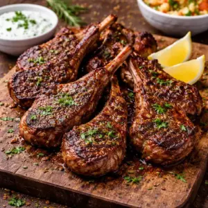 Gekruide lamskoteletjes van de barbecue op rustieke houten tafel