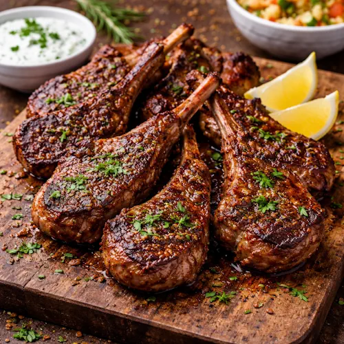 Gekruide lamskoteletjes van de barbecue op rustieke houten tafel