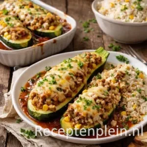 gevulde courgette gehakt rijst uit de oven op een rustieke houten tafel.