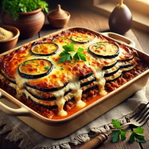 Griekse ovenschotel in moussaka-stijl met laagjes aubergine, gekruid gehakt en romige bechamelsaus. Afgewerkt met een goudbruine kaaskorst en geserveerd in een keramische ovenschaal op een rustieke houten tafel in warm natuurlijk licht.