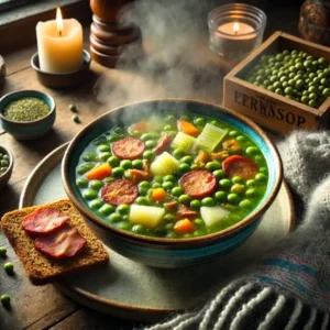 --- **Hollandse winterse erwtensoep** --- Dikke, groene erwtensoep gevuld met spliterwten, rookworst, wortel, aardappel, prei en selderij. Geserveerd in een rustieke kom op een houten tafel, met roggebrood en spek ernaast. Warme winterse sfeer met dampende soep en gezellige accenten.