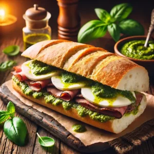 --- **Italiaanse bol met pesto-vlees en mozzarella** --- Knapperige Italiaanse bol gevuld met plakjes pesto-gemarineerd vlees en gesmolten mozzarella, gegarneerd met verse basilicum. Geserveerd op een houten tafel met een schaaltje pesto ernaast in een warme, mediterrane sfeer.