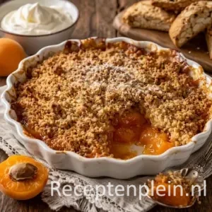 Krokante abrikozencrumble op een rustieke houten tafel.