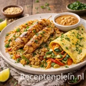 Oosterse nasi met kip, groentenomelet en pindasaus op een groot keramisch bord, geserveerd op een rustieke houten tafel met limoenpartjes, pinda’s, verse kruiden en een schaaltje pindasaus bij warm natuurlijk licht.