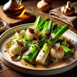 --- **Prei met luxe truffeldressing** --- Malse, gekookte prei met een elegante truffeldressing, afgewerkt met verse kruiden en truffelschaafsel. Geserveerd op een wit keramisch bord met verfijnde presentatie, in een warme en stijlvolle setting.