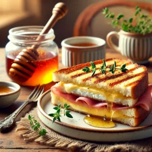 --- **Romige geitenkaastosti met tijmhoning en ham** --- Goudbruin gegrilde tosti gevuld met romige geitenkaas en plakjes ham, afgewerkt met een drizzle van tijm­honing. Geserveerd op een keramisch bord met een potje honing en een takje verse tijm ernaast, in een warme en gezellige setting.