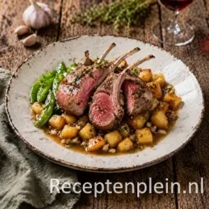 Rosé Lamsrack met Aardappeljus en Knoflook op rustieke houten tafel