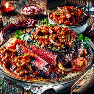 --- **Sappige entrecote met pittige chorizosalsa** --- Perfect gegaarde entrecote, medium-rare geserveerd, belegd met een pittige chorizosalsa van fijngehakte chorizo, tomaat, ui en kruiden. Opgediend op een wit keramisch bord, gegarneerd met verse peterselie, met een glas rode wijn op de achtergrond.