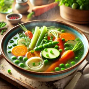--- **Seizoensgroentesoep met frisse kruiden** --- Heldere bouillon gevuld met kleurrijke seizoensgroenten zoals wortel, prei, courgette, sperziebonen en doperwten, gegarneerd met verse peterselie en bieslook. Geserveerd in een rustieke kom op een houten tafel met een warme, gezellige keukensfeer.