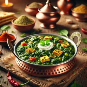 --- **Spinazie met Panir (Palak Paneer)** --- Traditionele Indiase curry van verse spinazie met blokjes panir, gestoofd met ui, knoflook, tomatenpuree en aromatische specerijen. Geserveerd in een koperen karahi, gegarneerd met room en koriander, met naan en basmatirijst op de achtergrond.