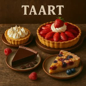 Een sfeervolle presentatie van vier verschillende taarten op een verweerde houten tafel, met bovenaan het woord "TAART" in grote crèmekleurige hoofdletters. De afbeelding toont een aardbeientaart met slagroom, een citroen-meringuetaart, een rijke chocoladetaart en een bessentaart met amandel. Alles is geserveerd op rustieke bordjes en warm uitgelicht voor een ambachtelijke uitstraling.