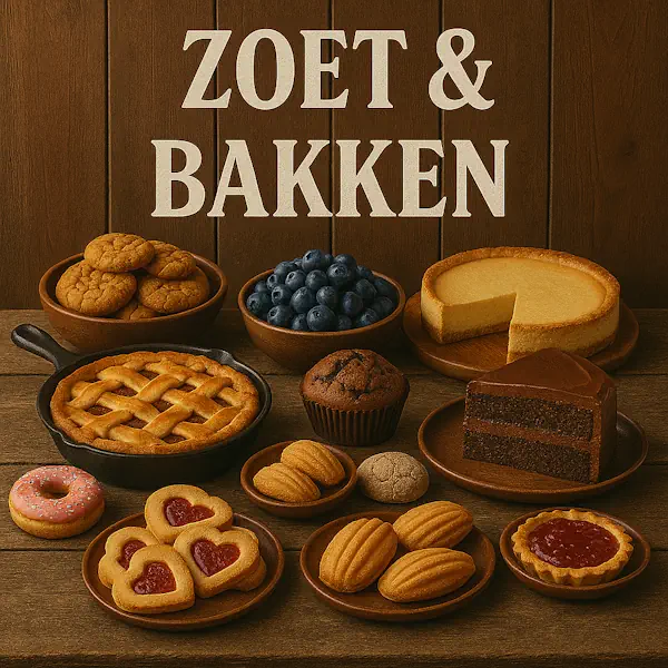Alt-tekst: Rustieke houten tafel met een uitgebreide selectie zoete en gebakken lekkernijen: koekjes, blauwe bessen, cheesecake, chocoladetaart, muffin, appeltaart, hartvormige jamkoekjes, madeleines, een roze donut en een klein taartje met aardbeienjam. Op de houten achtergrond staat in grote witte hoofdletters ZOET & BAKKEN.