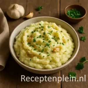 Een kom romige aardappelpuree verrijkt met gepofte knoflook, bestrooid met verse peterselie, geserveerd op een rustieke houten tafel met knoflookbollen, een linnen servet en een kommetje peterselie ernaast.