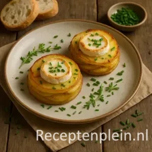 Twee goudbruin gebakken aardappeltaartjes belegd met een plak geitenkaas en bestrooid met verse bieslook, geserveerd op een keramieken bord met een linnen servet, sneetjes brood en een kommetje bieslook op een rustieke houten tafel.