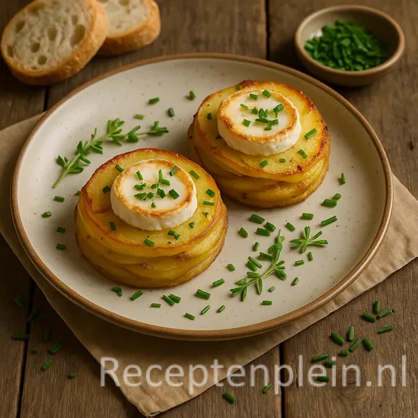 Twee goudbruin gebakken aardappeltaartjes belegd met een plak geitenkaas en bestrooid met verse bieslook, geserveerd op een keramieken bord met een linnen servet, sneetjes brood en een kommetje bieslook op een rustieke houten tafel.