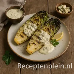 Gegrilde halve stronken andijvie geserveerd met een romige gesmolten gorgonzolasaus, gegarneerd met walnoten en verse kruiden, op een keramieken bord op een rustieke houten tafel.
