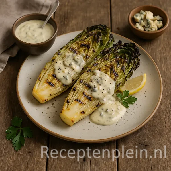 Gegrilde halve stronken andijvie geserveerd met een romige gesmolten gorgonzolasaus, gegarneerd met walnoten en verse kruiden, op een keramieken bord op een rustieke houten tafel.