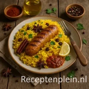 Een bord met gele saffraanrijst geserveerd met een gegrilde vegan worst, kaneelstokjes, steranijs, rozijnen, citroenpartjes en een pittige tomatensaus, gegarneerd met verse peterselie op een rustieke houten tafel.