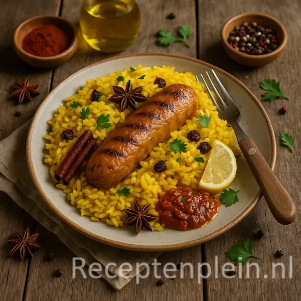 Een bord met gele saffraanrijst geserveerd met een gegrilde vegan worst, kaneelstokjes, steranijs, rozijnen, citroenpartjes en een pittige tomatensaus, gegarneerd met verse peterselie op een rustieke houten tafel.